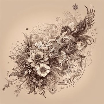 DALL·E 2024-03-11 15.45.00 - A beautiful and intricate tattoo sketch on a beige background, blending elements of nature, art, and symbolism. This design should seamlessly integrat