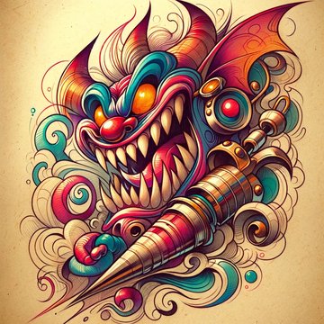 DALL·E 2024-03-11 15.53.26 - A simplified New School tattoo sketch on a beige background, with fewer elements but maintaining the vibrant colors and exaggerated features character