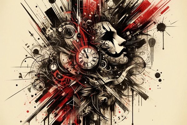 DALL·E 2024-03-11 15.16.43 - A dynamic and expressive trash polka tattoo sketch, featuring a bold contrast of black and red ink against a beige background. This design should comb